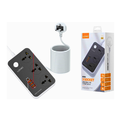 LDNIO Power Extension Socket (Pack Off 2) – Surge Protector with 3 Outlets, 3 USB & 1 PD Port | UK/UAE Plug - megamartuae