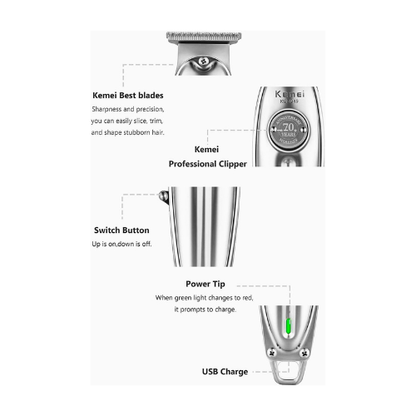 Kemei Original KM-1949 Professional Cordless Hair Clipper – Rechargeable Trimmer for Men, 120 Min Runtime, Silver - megamartuae