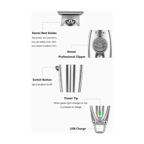Kemei Original KM-1949 Professional Cordless Hair Clipper – Rechargeable Trimmer for Men, 120 Min Runtime, Silver - megamartuae