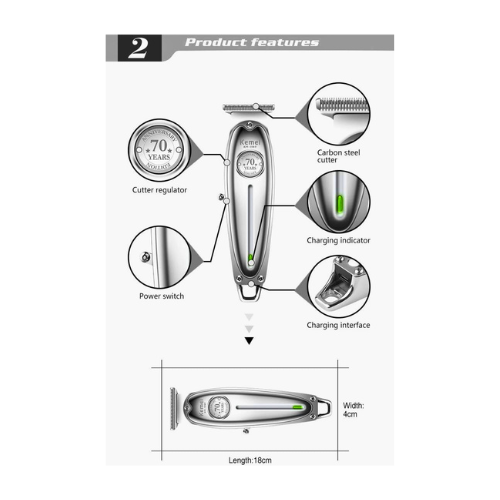 Kemei Original KM-1949 Professional Cordless Hair Clipper – Rechargeable Trimmer for Men, 120 Min Runtime, Silver - megamartuae