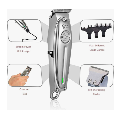 Kemei Original KM-1949 Professional Cordless Hair Clipper – Rechargeable Trimmer for Men, 120 Min Runtime, Silver - megamartuae