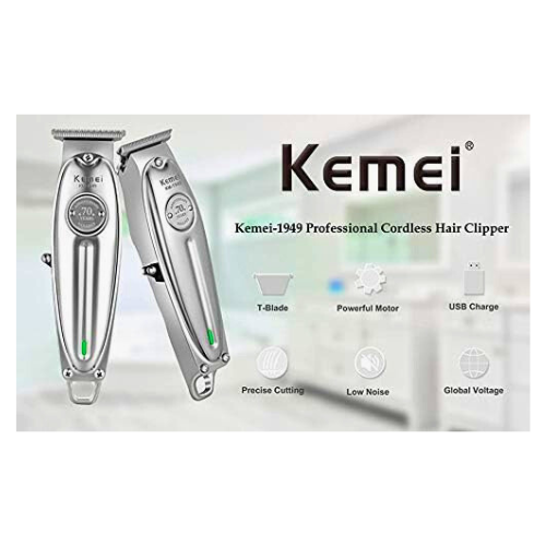 Kemei Original KM-1949 Professional Cordless Hair Clipper – Rechargeable Trimmer for Men, 120 Min Runtime, Silver - megamartuae