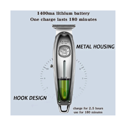 Kemei Original KM-1949 Professional Cordless Hair Clipper – Rechargeable Trimmer for Men, 120 Min Runtime, Silver - megamartuae