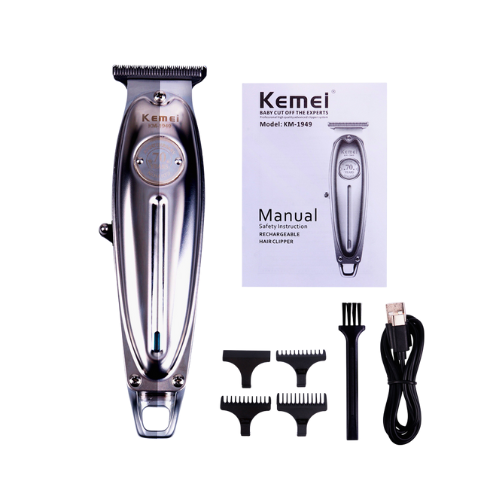 Kemei Original KM-1949 Professional Cordless Hair Clipper – Rechargeable Trimmer for Men, 120 Min Runtime, Silver - megamartuae