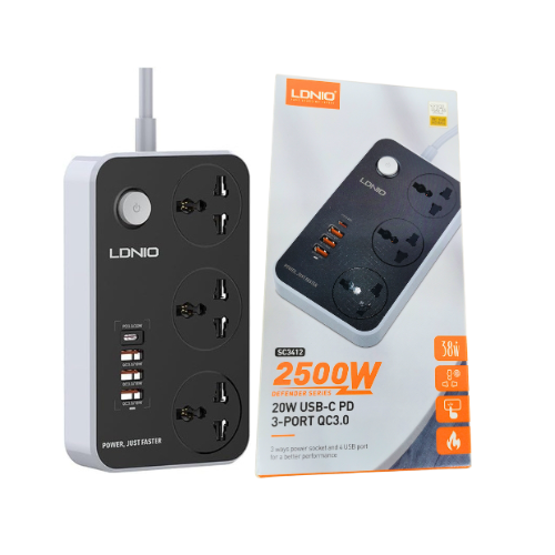 LDNIO Power Extension Socket (Pack Off 2) – Surge Protector with 3 Outlets, 3 USB & 1 PD Port | UK/UAE Plug - megamartuae