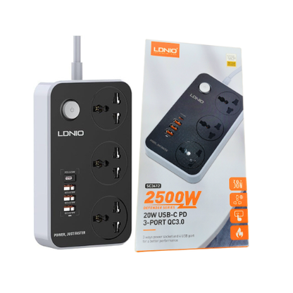 LDNIO Power Extension Socket (Pack Off 2) – Surge Protector with 3 Outlets, 3 USB & 1 PD Port | UK/UAE Plug - megamartuae