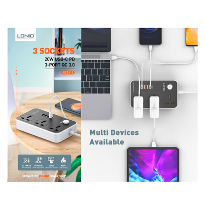 LDNIO Power Extension Socket (Pack Off 2) – Surge Protector with 3 Outlets, 3 USB & 1 PD Port | UK/UAE Plug - megamartuae