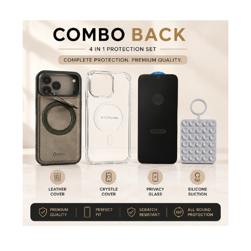 iPhone 17 Pro Max Combo Pack | Leather Case+Crystal Clear Case+Privacy Glass & Silicone Suction Double Sided