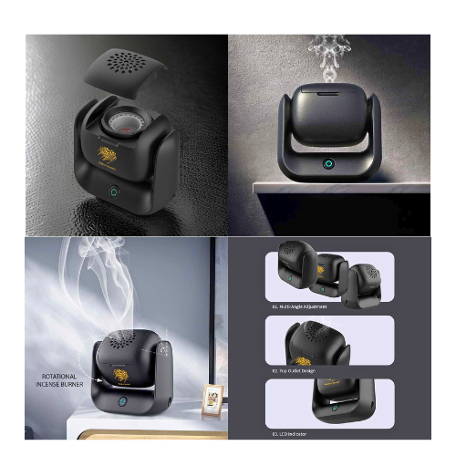 Upgraded Electric Rotational Bakhoor Burner | Rechargeable 90° Incense Burner with LED for Home & Car - megamartuae