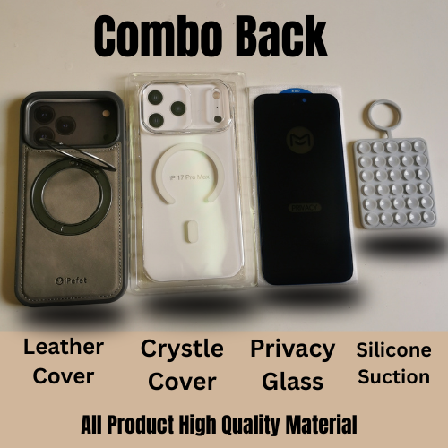 iPhone 17 Pro Max Combo Pack | Leather Case+Crystal Clear Case+Privacy Glass & Silicone Suction Double Sided - megamartuae